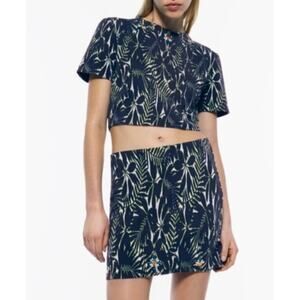 🌿 ZARA Navy Blue Tropical Print Mini Skirt Medium Floral Y2K Coastal Chic